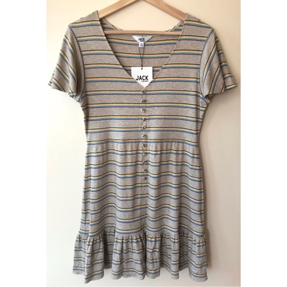 Jack by BB Dakota • M • Striped Ribbed Faux Button Short Dress Flounce Ruffle - Picture 1 of 4